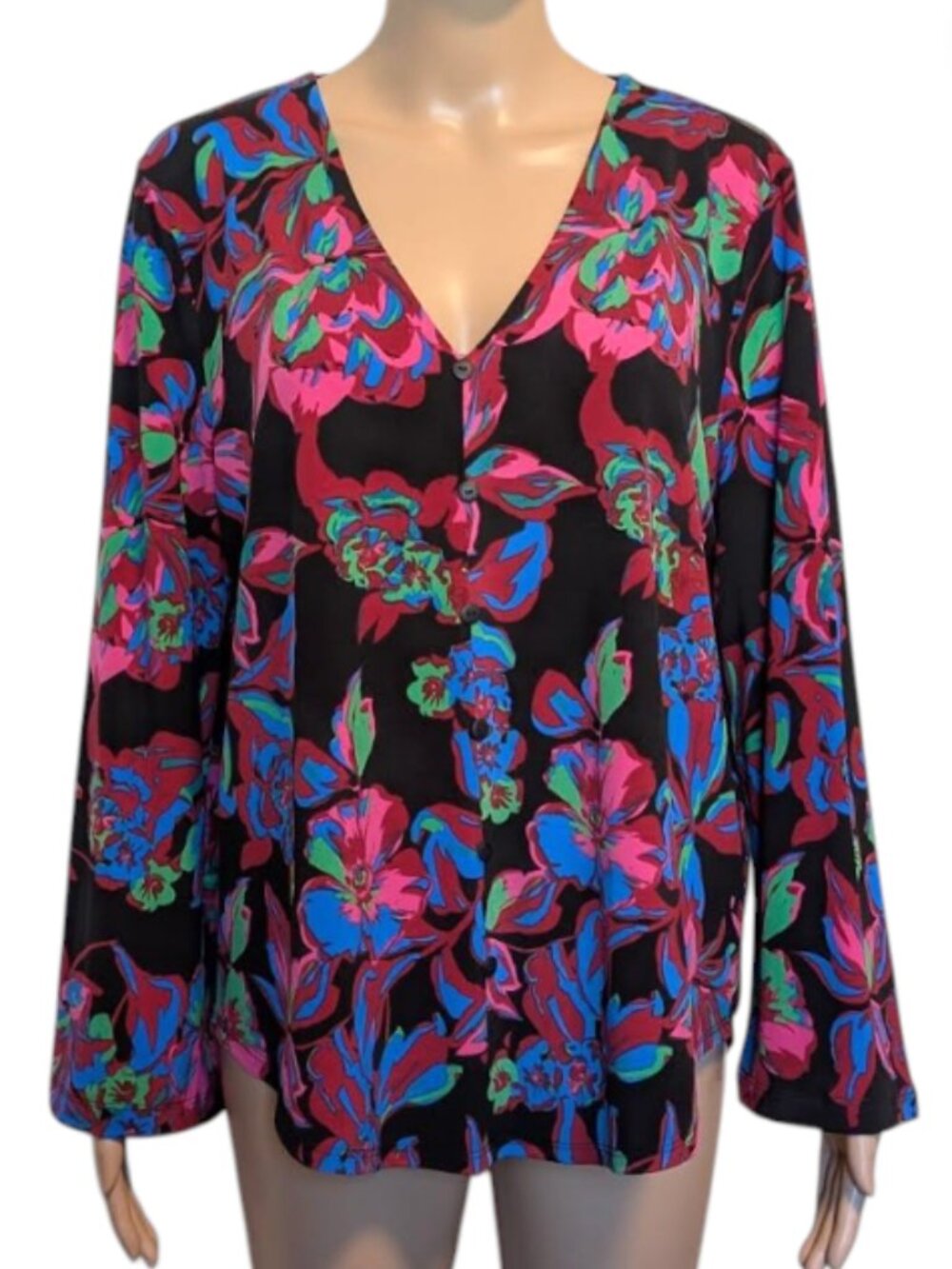 Up! Pants Floral V-Neck Blouse Dark Floral Long Sleeve Size L